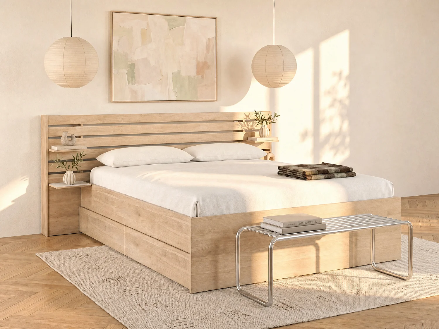 Bett mit Stauraum - 180 x 200 cm - Holzfarben + Lattenrost + Matratze