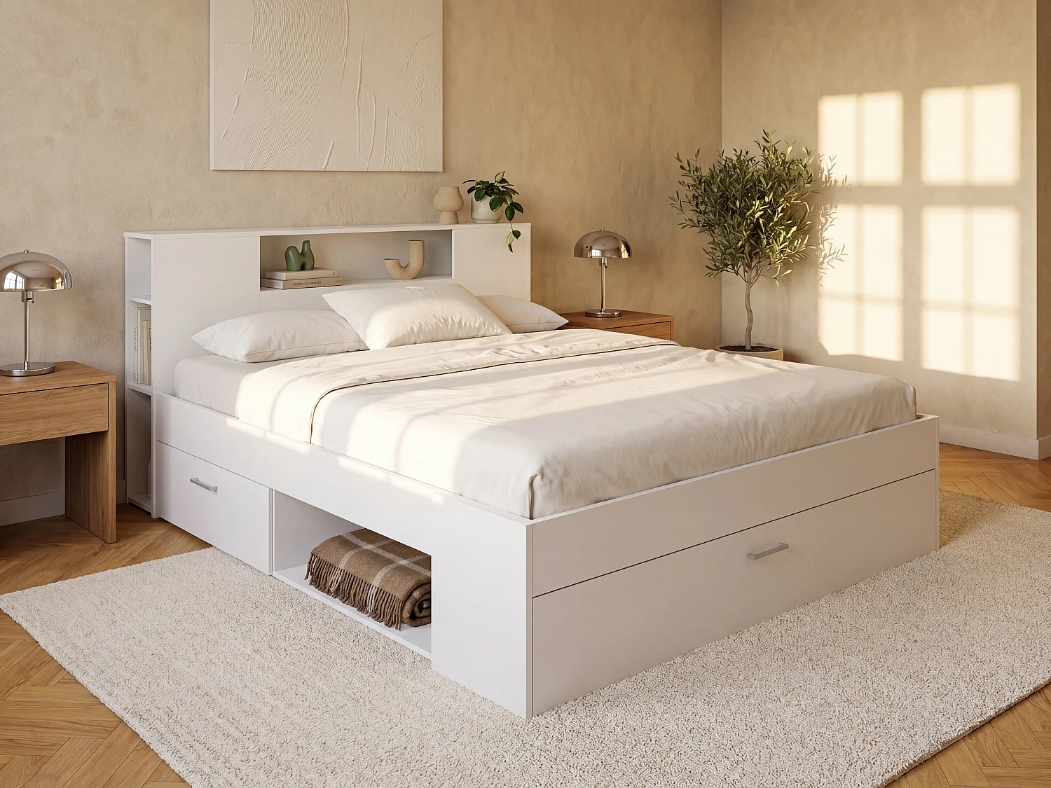 Bett mit Kopfteil, Stauraum & Schubladen + Lattenrost + Matratze - 160 x 200 cm - Weiß