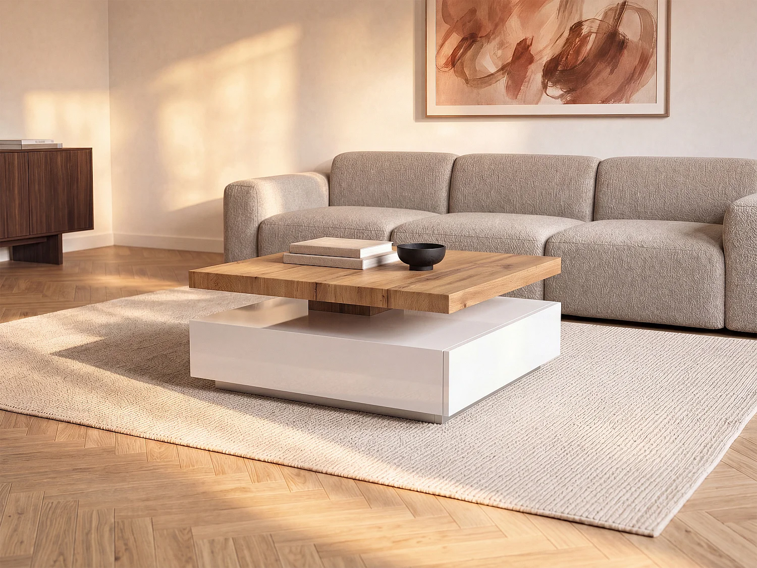 Couchtisch drehbar - 1 Schublade - MDF - Weiß & Holzfarben