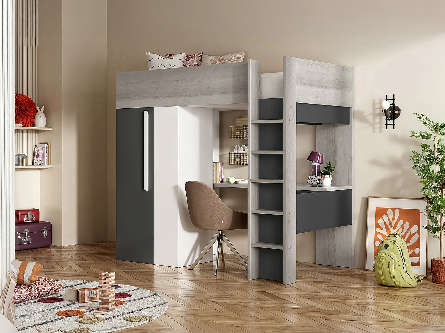 Hochbett mit Schreibtisch & Kleiderschrank - 90 x 200 cm - Anthrazit & Weiß