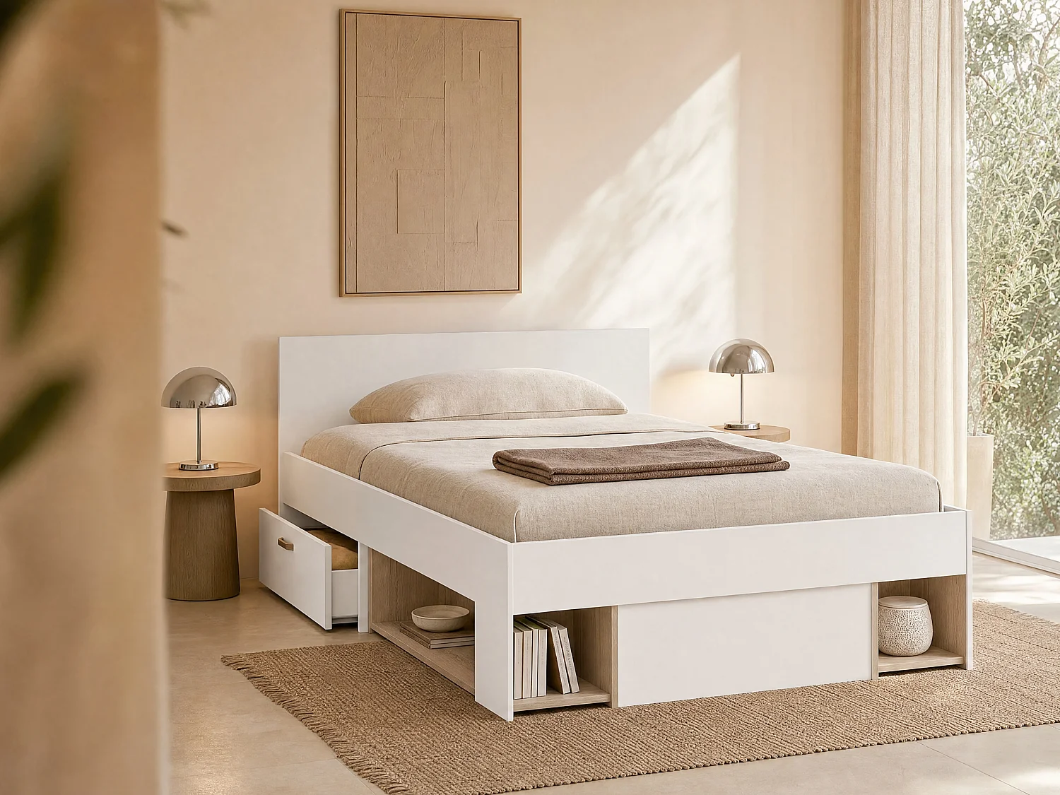 Bett mit Stauraum + Lattenrost + Matratze - 120 x 190/200 cm - Weiß & Holzfarben