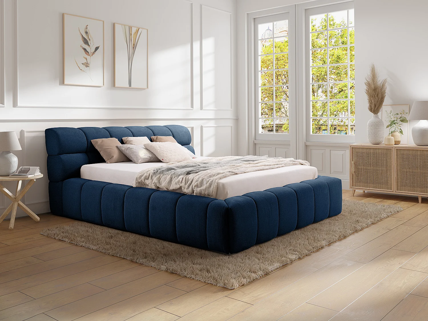 Bett mit Bettkasten - 180 x 200 cm - Stoff - Dunkelblau