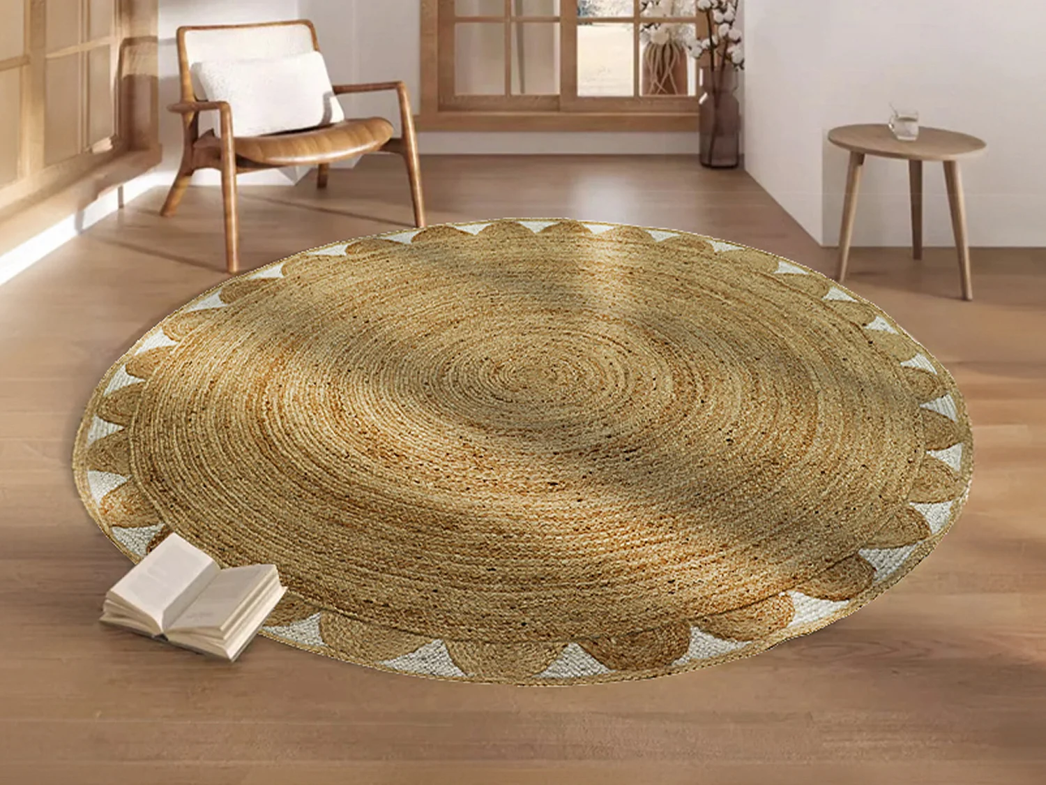 Teppich rund - Blumenmotiv - 100 % Jute - 200 cm - Naturfarben