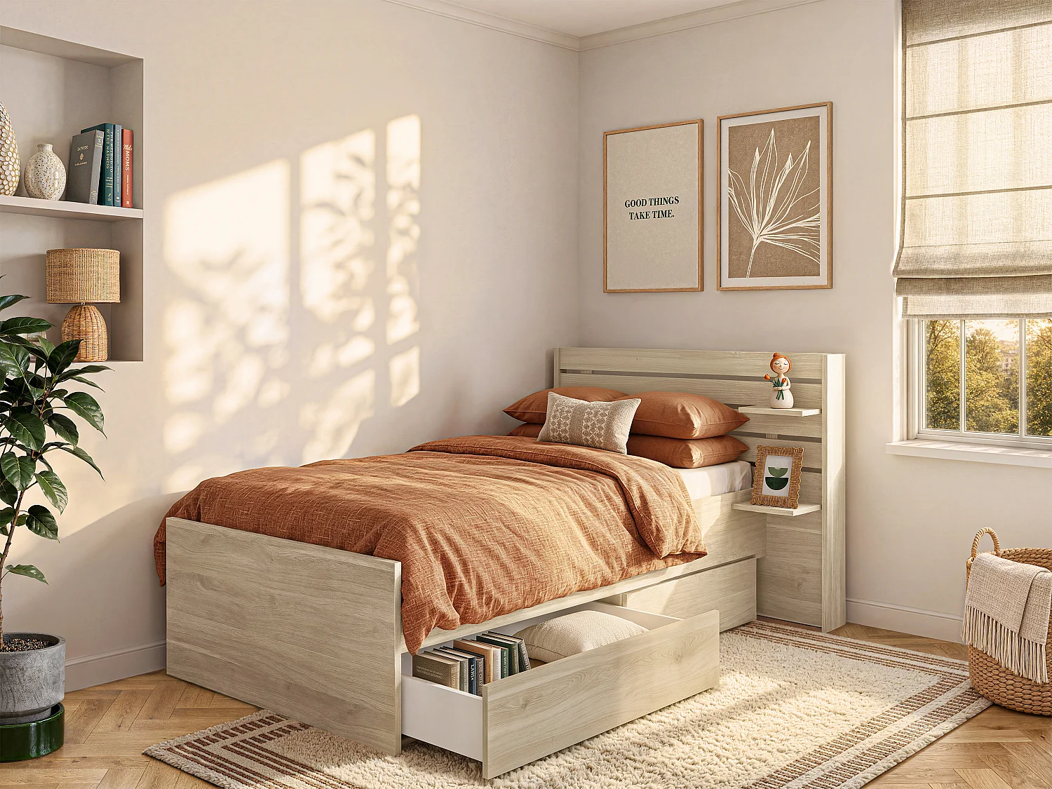Bett mit Stauraum - 90 x 190/200 - Holzfarben