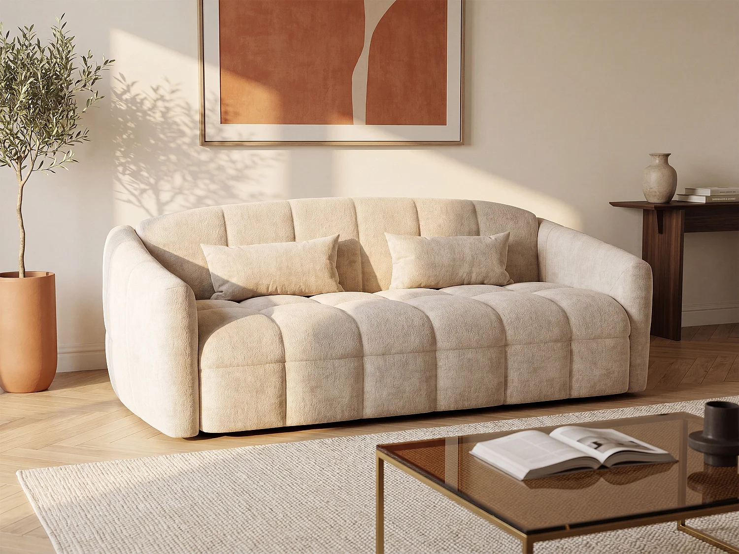3-Sitzer Schlafsofa Express aus beigem Samt Matratze 16 cm RETUNA