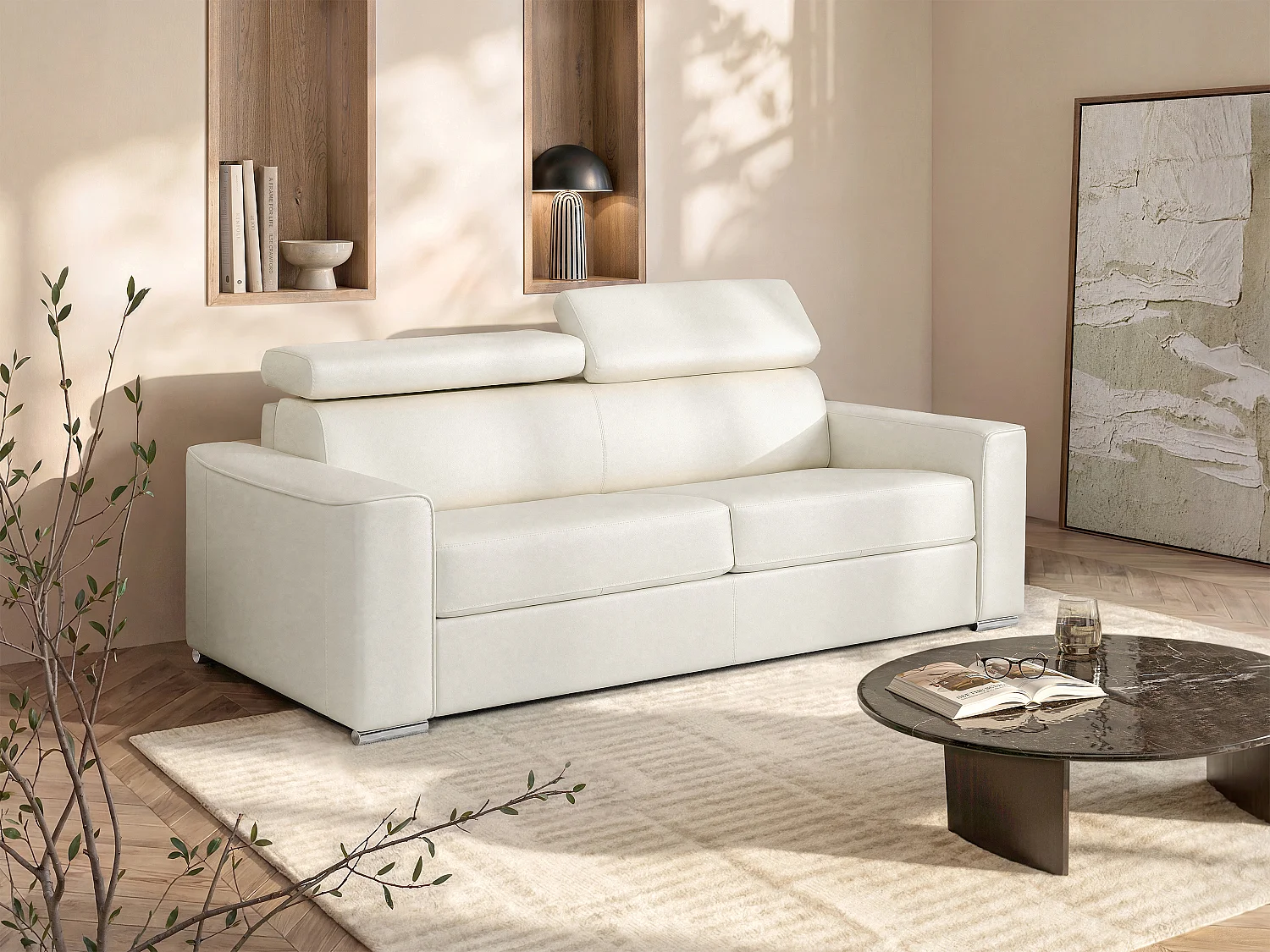 Schlafsofa mit Matratze 4-Sitzer - Büffelleder - Weiß - Liegefläche 160 cm - Matratze 18 cm