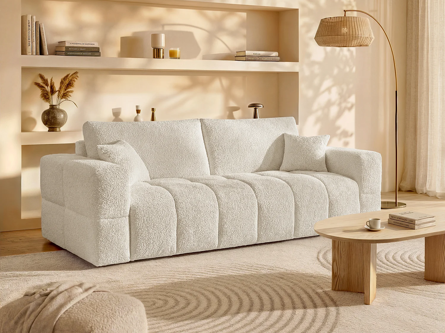 Schlafsofa 4 Personen Express-Bettfunktion Bouclé-Stoff Beige 160 cm Matratze 20 cm ISSORO