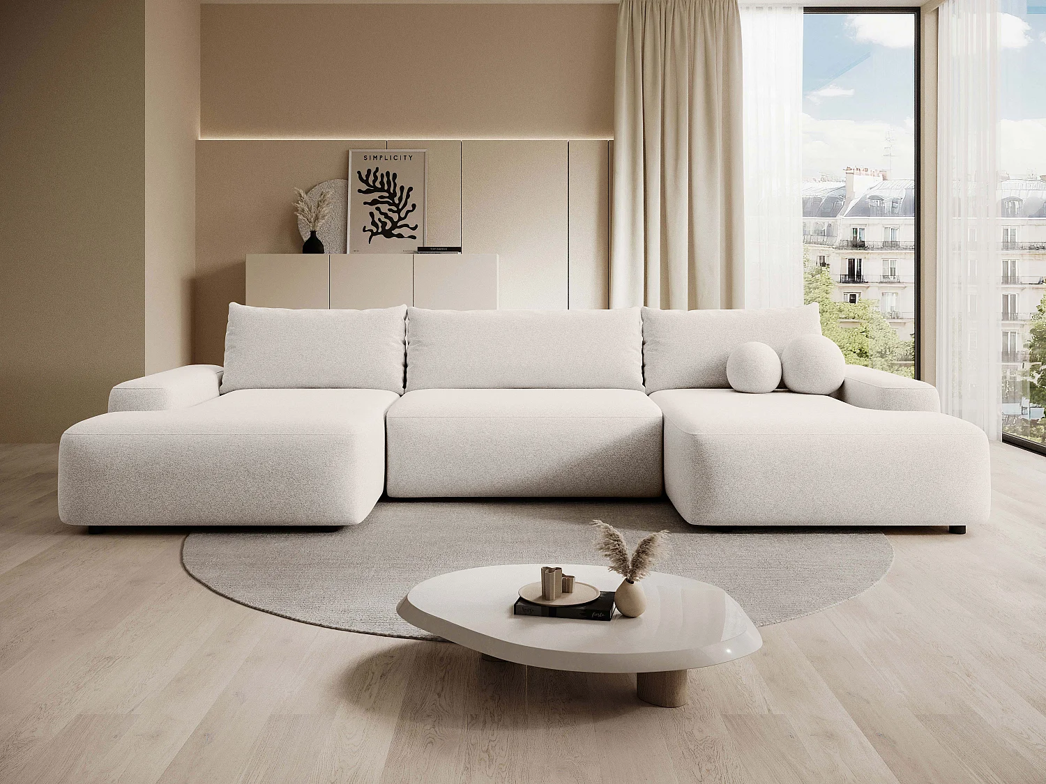 Großes Panorama-Ecksofa mit Schlaffunktion - melierter Stoff - Creme