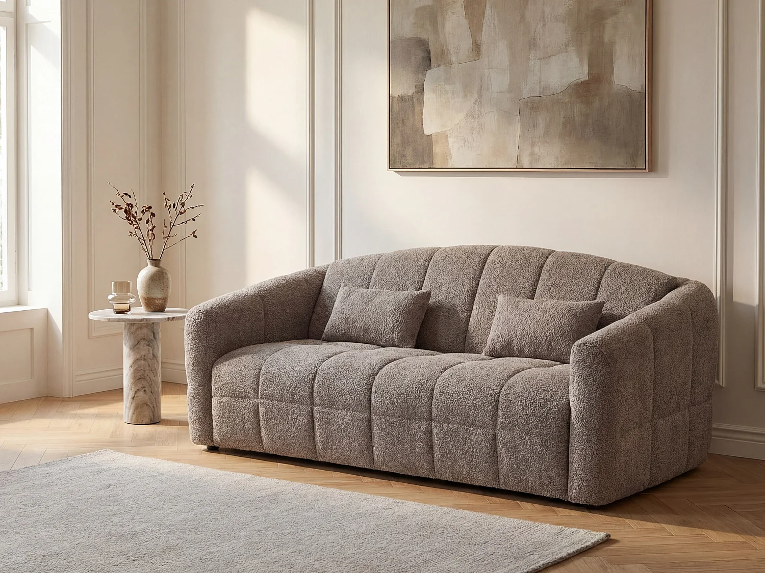 Sofa 4-Sitzer mit Schlaffunktion – Bouclé-Stoff – Taupe – Liegefläche 160 cm + Matratze 13 cm – RETUNA