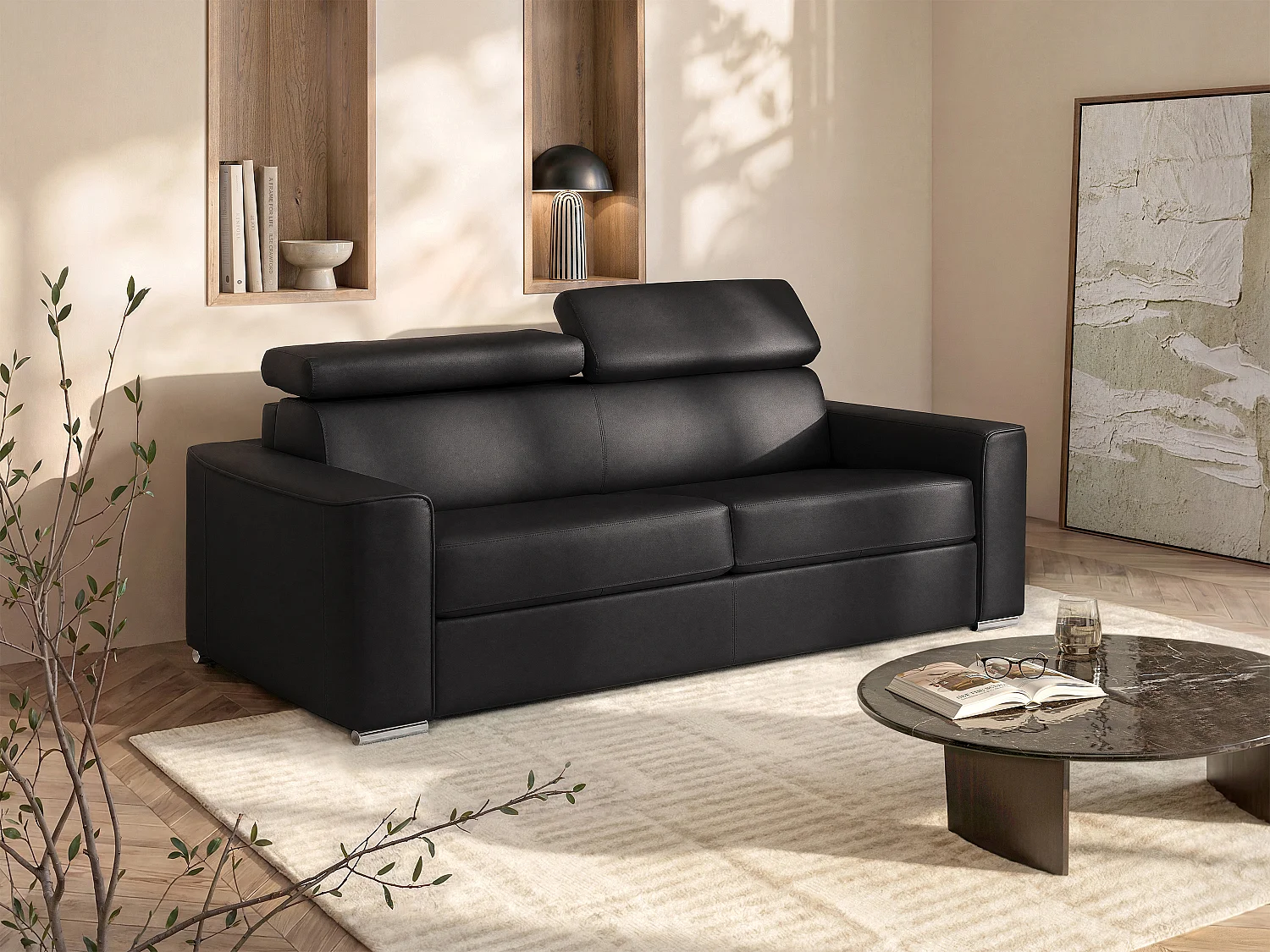 4-Sitzer Schlafsofa Express aus schwarzem Leder - Liegefläche 160 cm