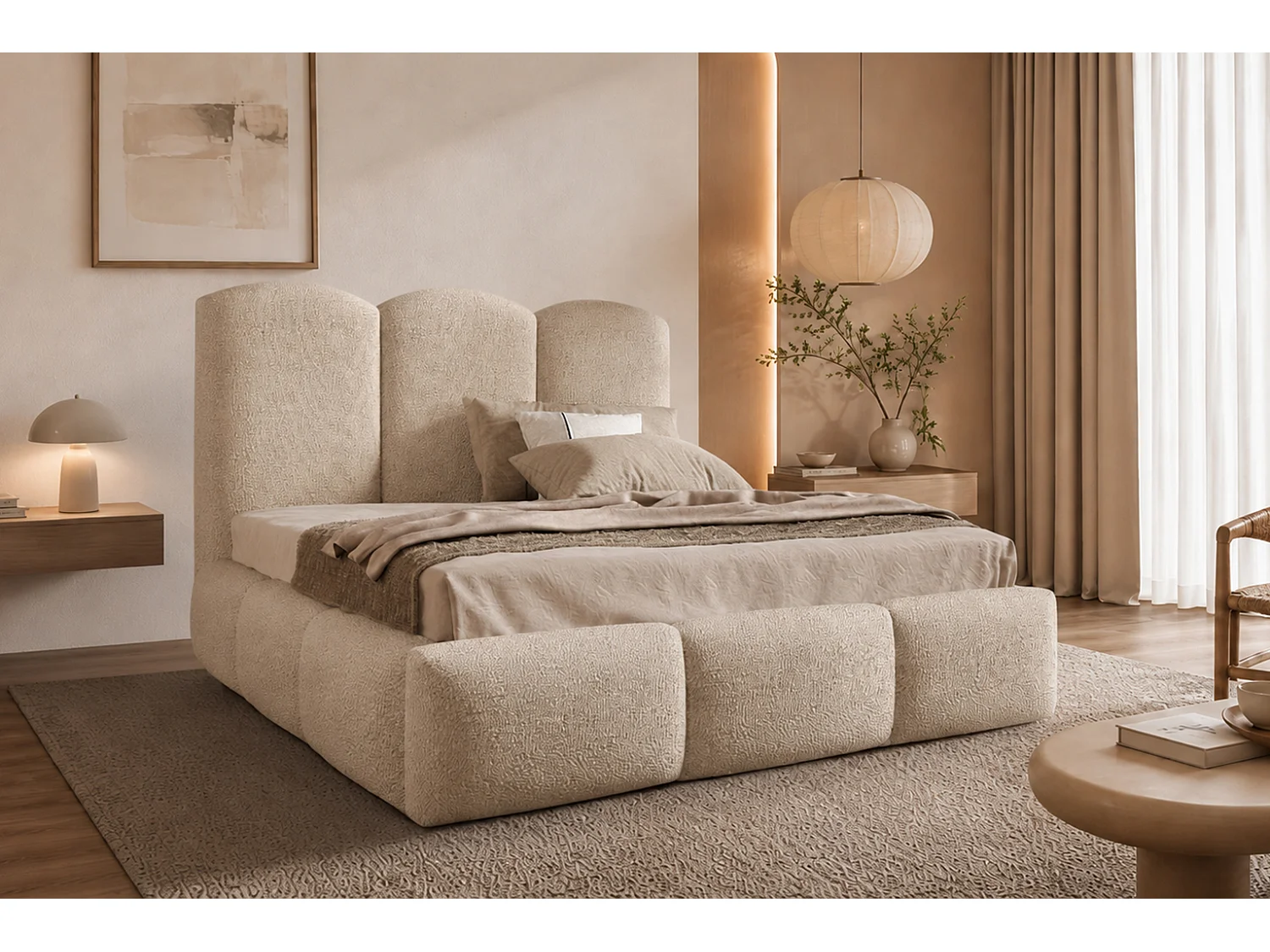 Polsterbett mit bettkasten, Bouclé-Stoff Baloo, Beige, 140x200 cm, BERO