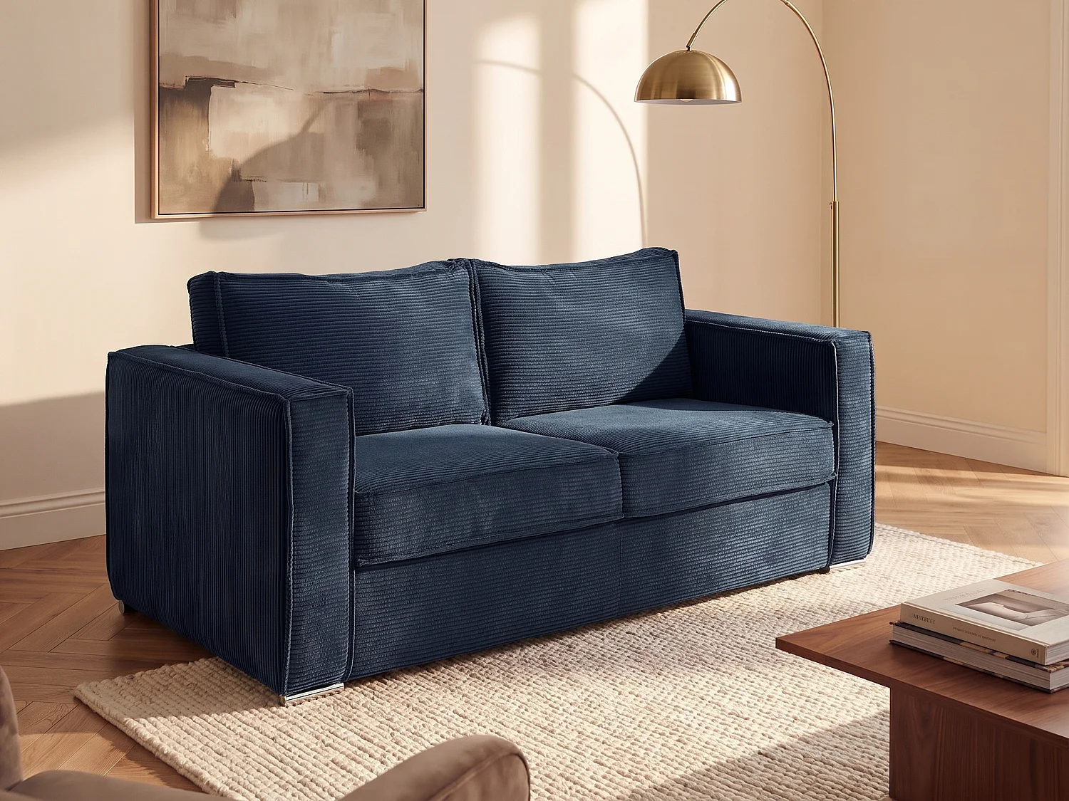 Schlafsofa 4 Personen Express-Bettfunktion Elektrisch Cordstoff Marineblau - 160 cm